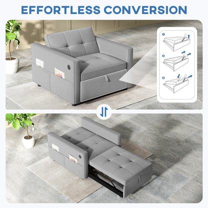 Convertible Velvet Chair Bed with USB Charging