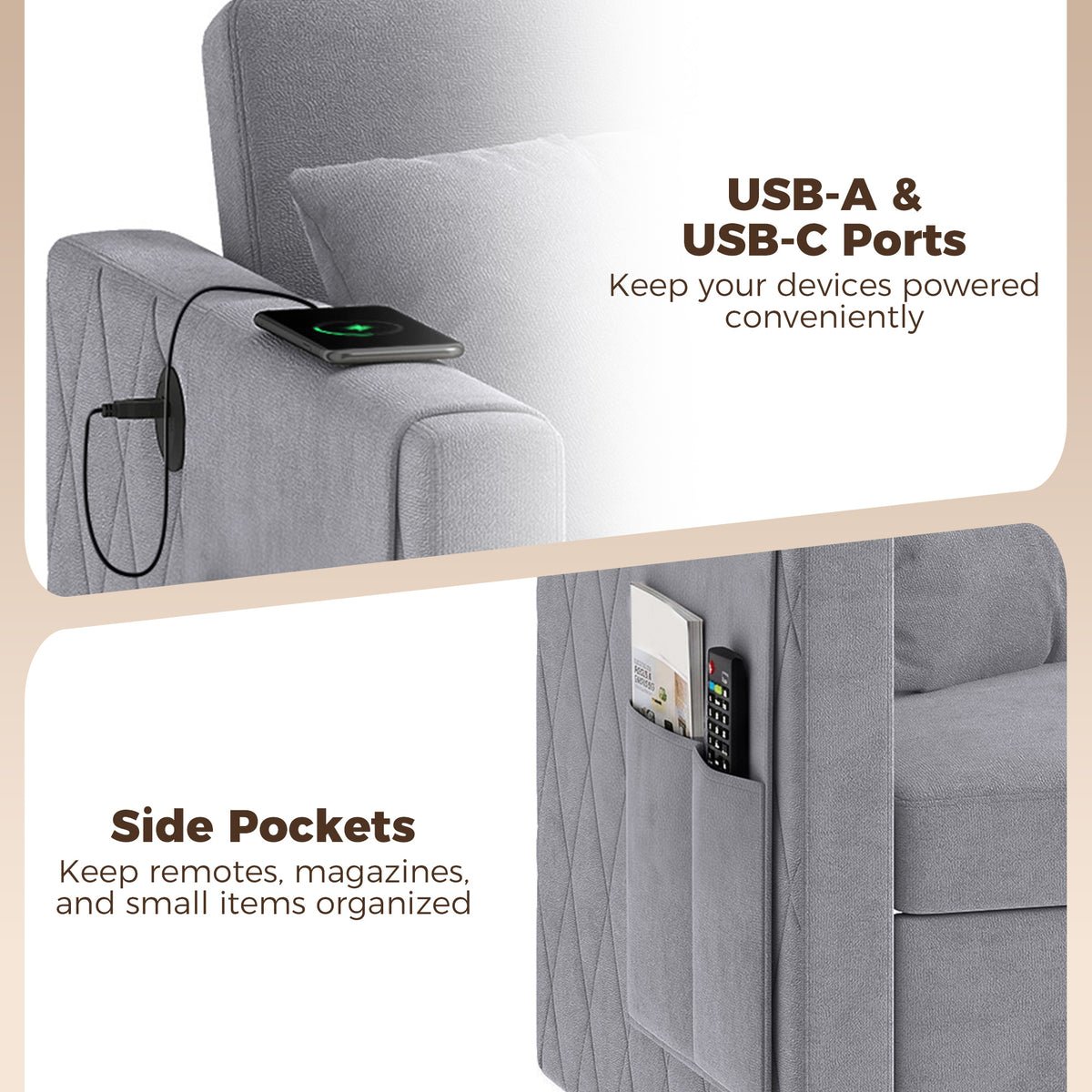 Sofá cama convertible de terciopelo con puertos USB