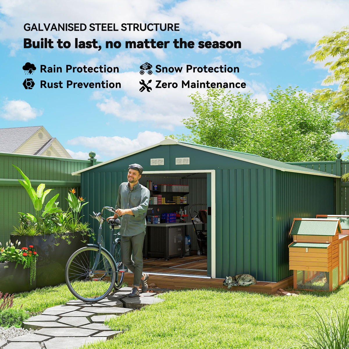 Galvanized Steel Garden Shed with Double Sliding Door