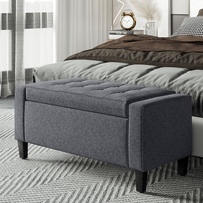 Tufted Linen Storage Ottoman Bench
