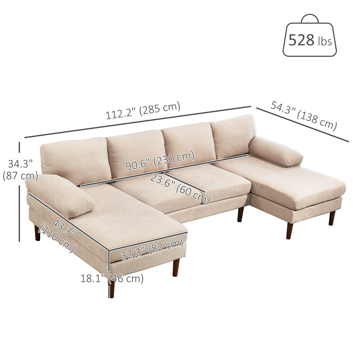 U-Shape Sectional Sofa Double Chaise 4-Seater — Fabric
