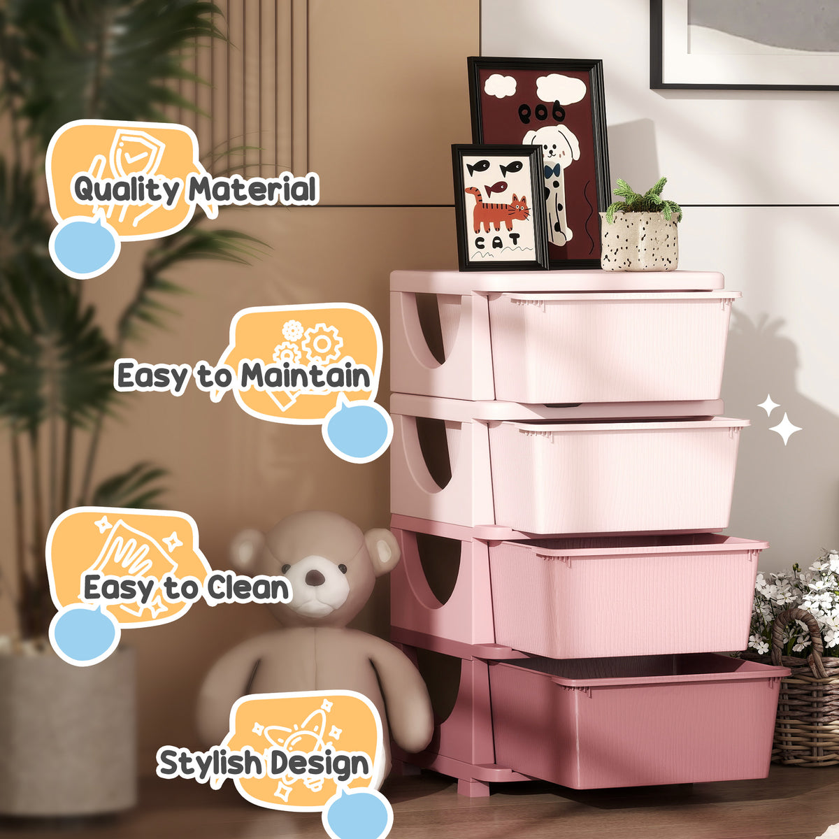 4-Tier Toy Organizer with 4 Plastic Drawers