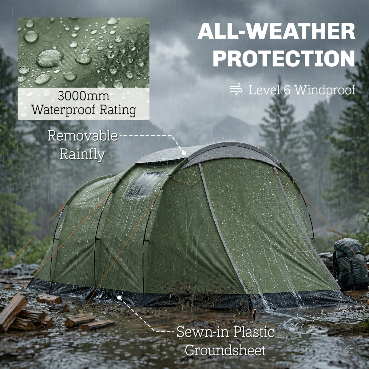 Two-Room Waterproof Tunnel Tent for 3-4 People
