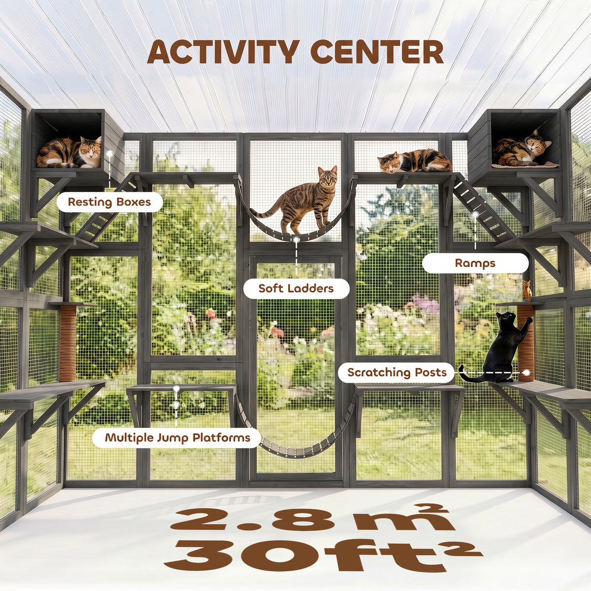 Large Outdoor Cat Enclosure with Condos and Platforms