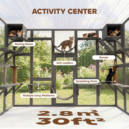Large Outdoor Cat Enclosure with Condos and Platforms