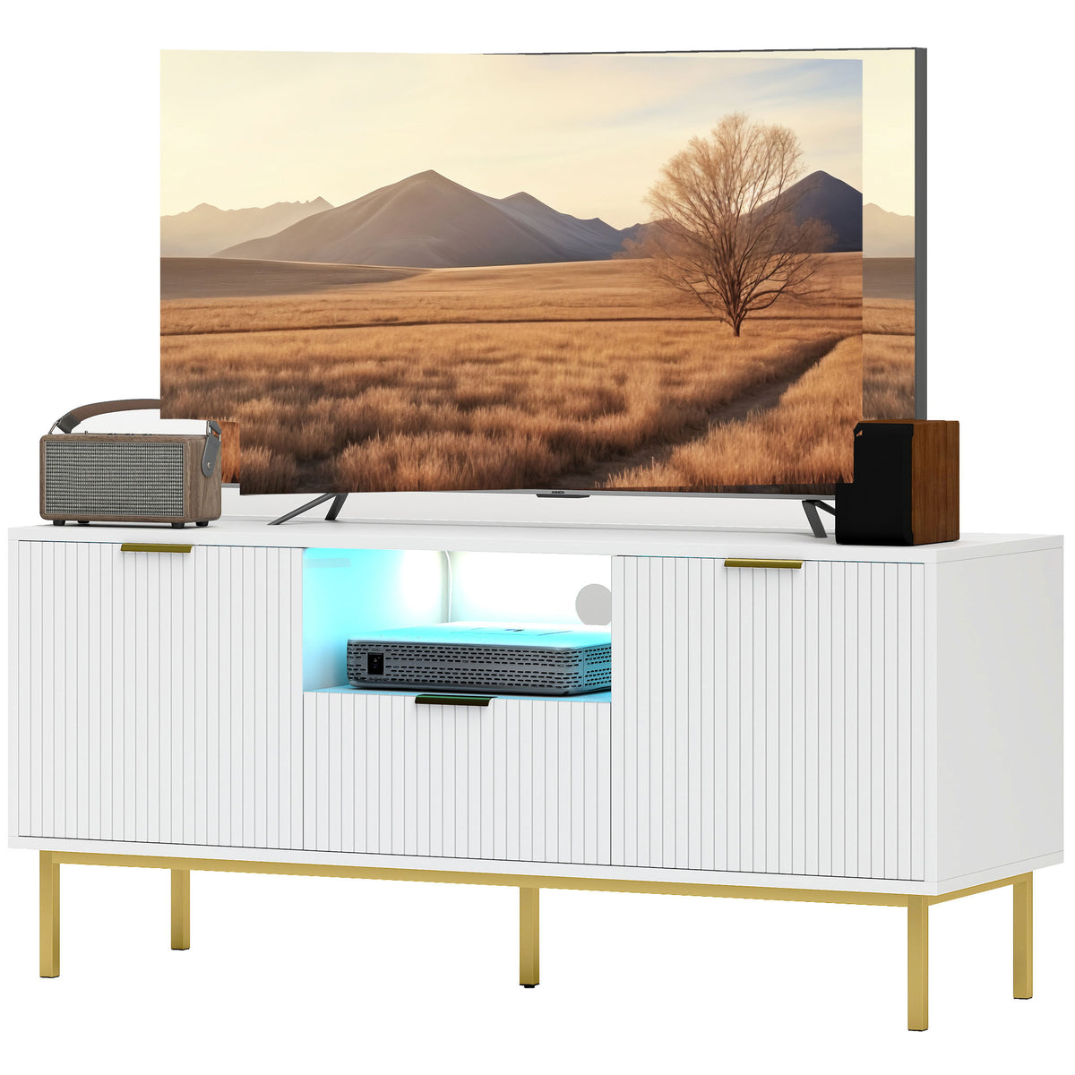 Modern TV Stand with RGB LED Lighting and Storage