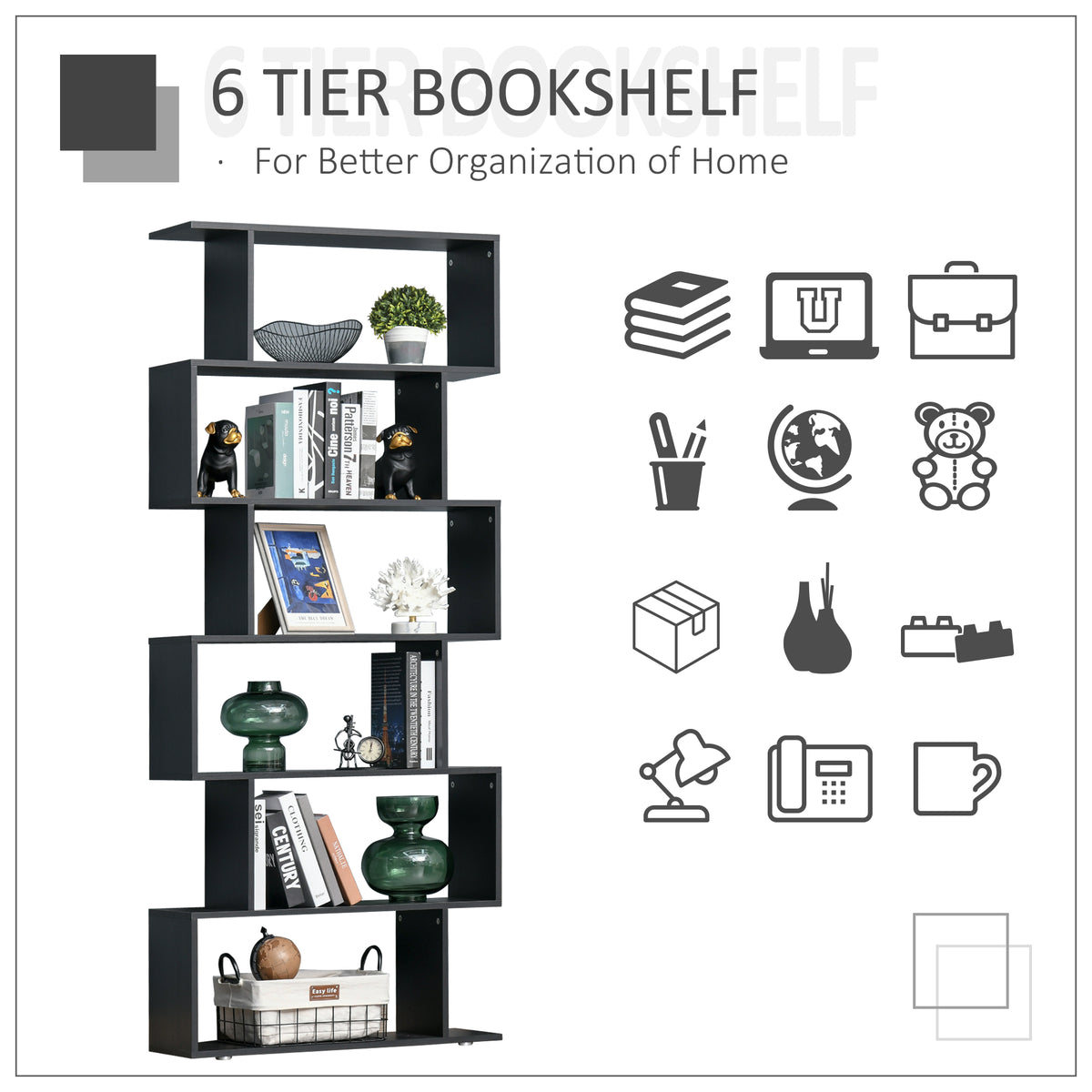 Librería moderna en forma de S con 6 estantes