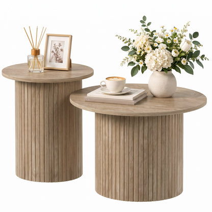 Round nesting coffee table weathered wood — Set of 2