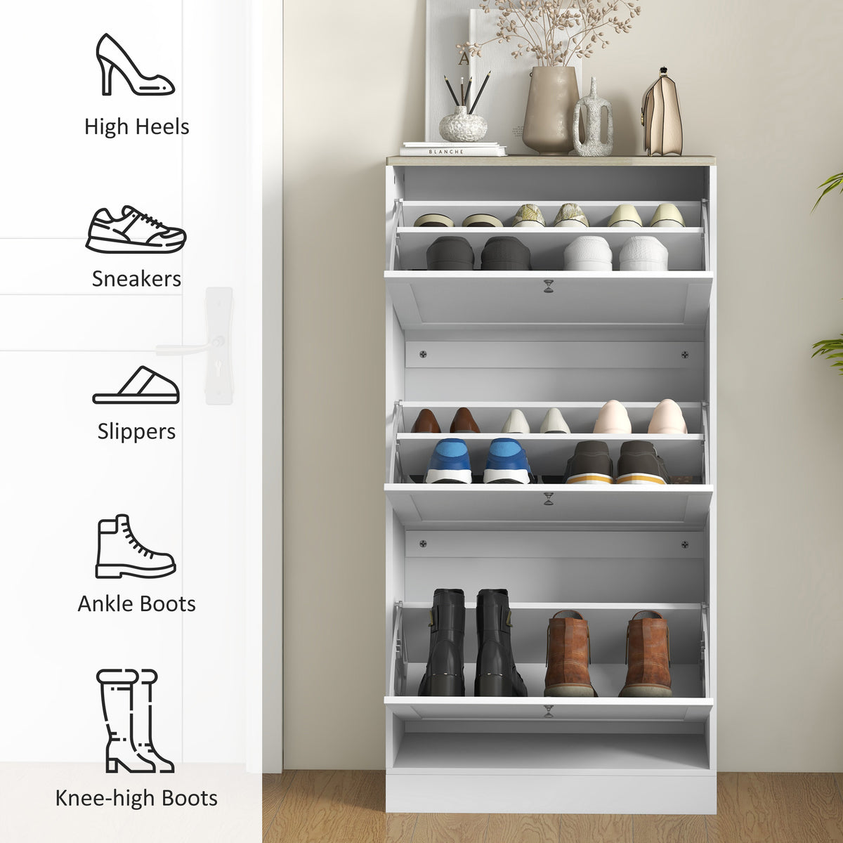 Shoe Cabinet 3 Flip Drawers Adjustable Shelves, 12-18 Pairs