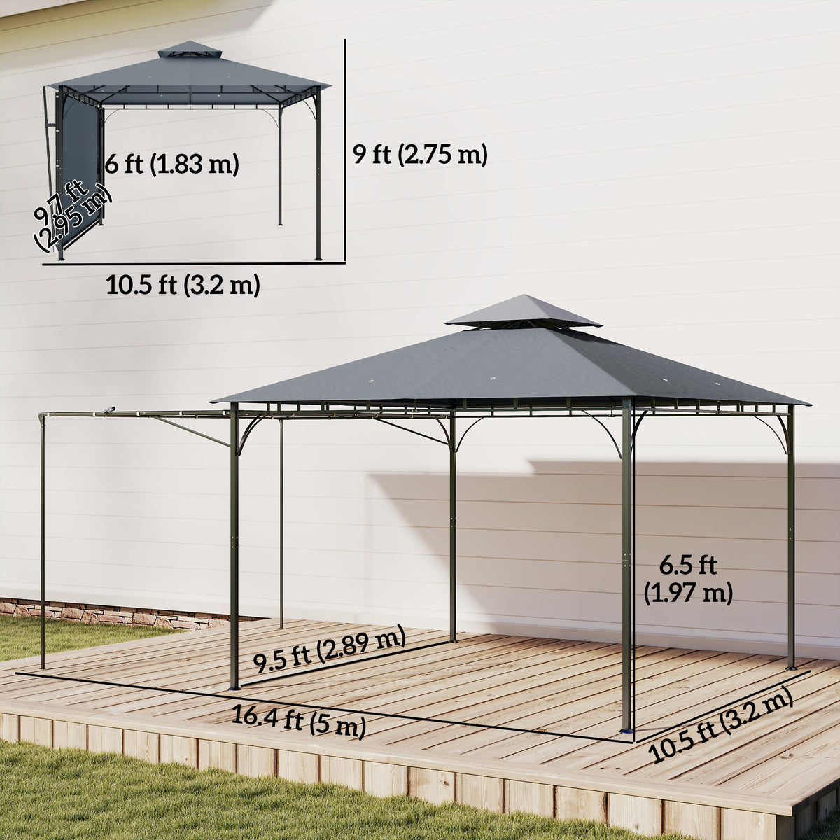 Patio Gazebo Double Roof with Extendable Shade Canopy