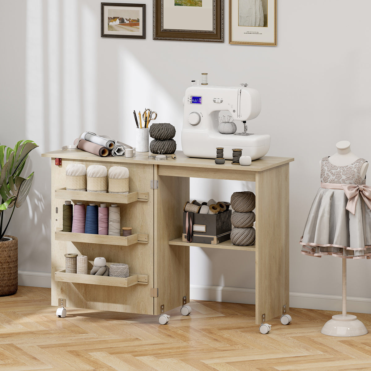 Folding Sewing Cabinet with Storage and Lockable Wheels