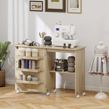 Folding Sewing Cabinet with Storage and Lockable Wheels