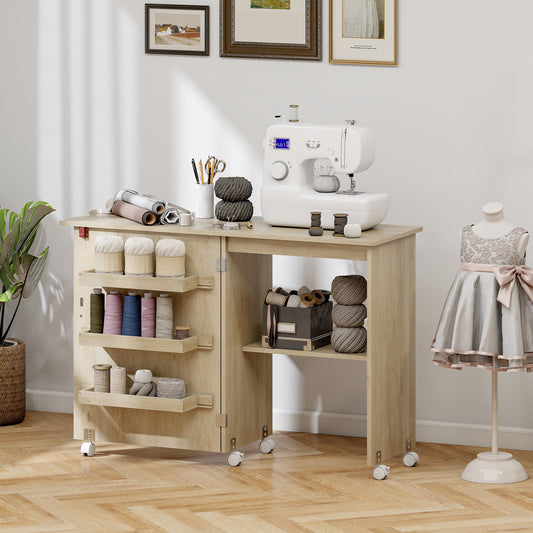 Folding Sewing Cabinet with Storage and Lockable Wheels