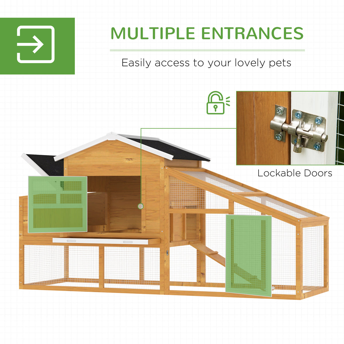 Wooden outdoor chicken coop with run and nesting box