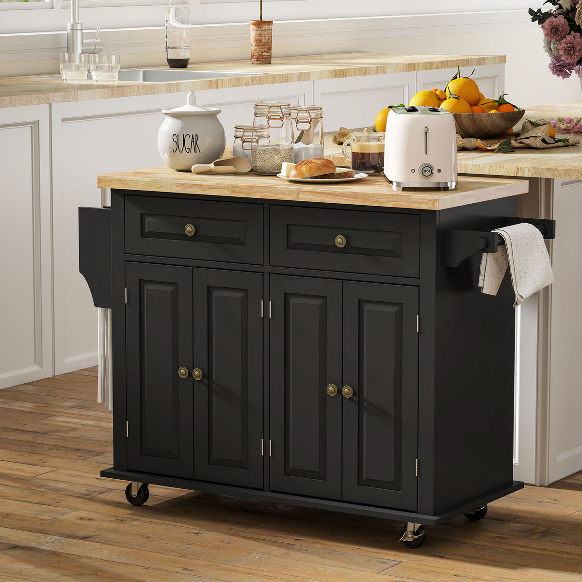 Rolling kitchen island with storage and wood top