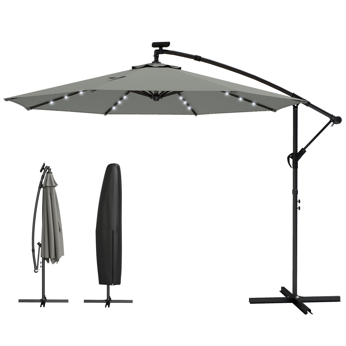 Cantilever Patio Umbrella with Solar LED Lights and Crank