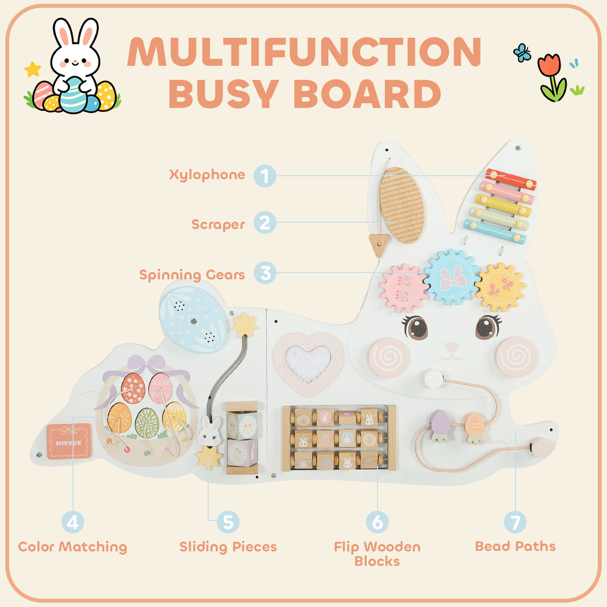 Tablero de estimulación mural Montessori de conejo de Pascua en madera