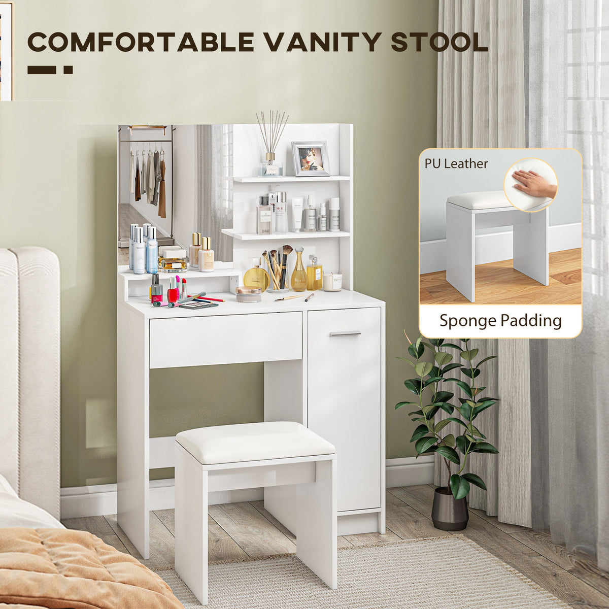 Vanity Set with Mirror and Stool