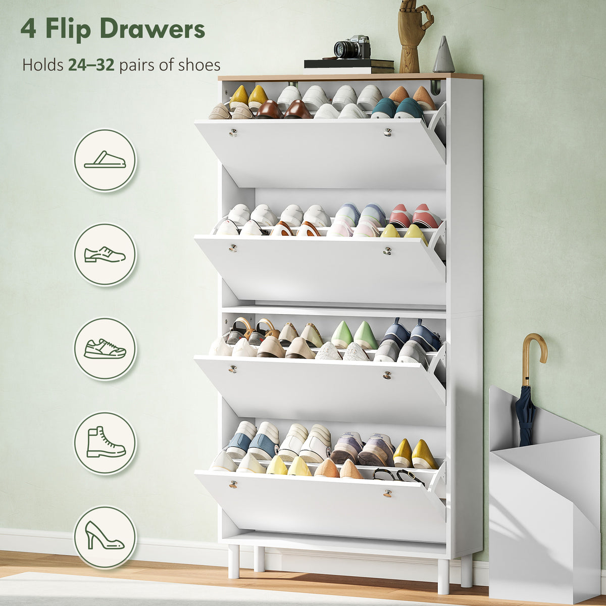 Narrow Shoe Cabinet 4 Flip Drawers — Holds 24–32 Pairs