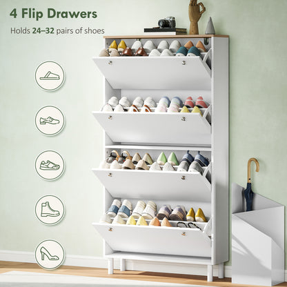 Narrow Shoe Cabinet 4 Flip Drawers — Holds 24–32 Pairs