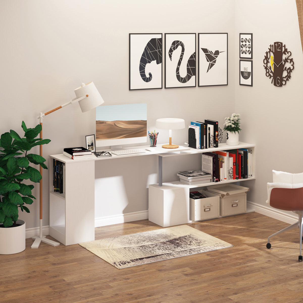 Corner Desk 360° Rotating with 3-Tier Shelves