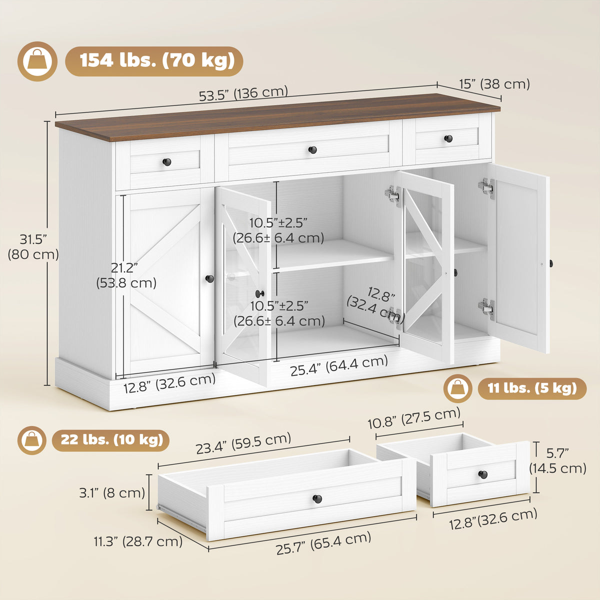 Aparador de cocina rústico con puertas de acrílico