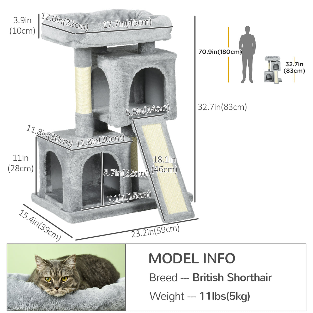 Multi-activity Cat Tower with Sisal Scratching Post — light