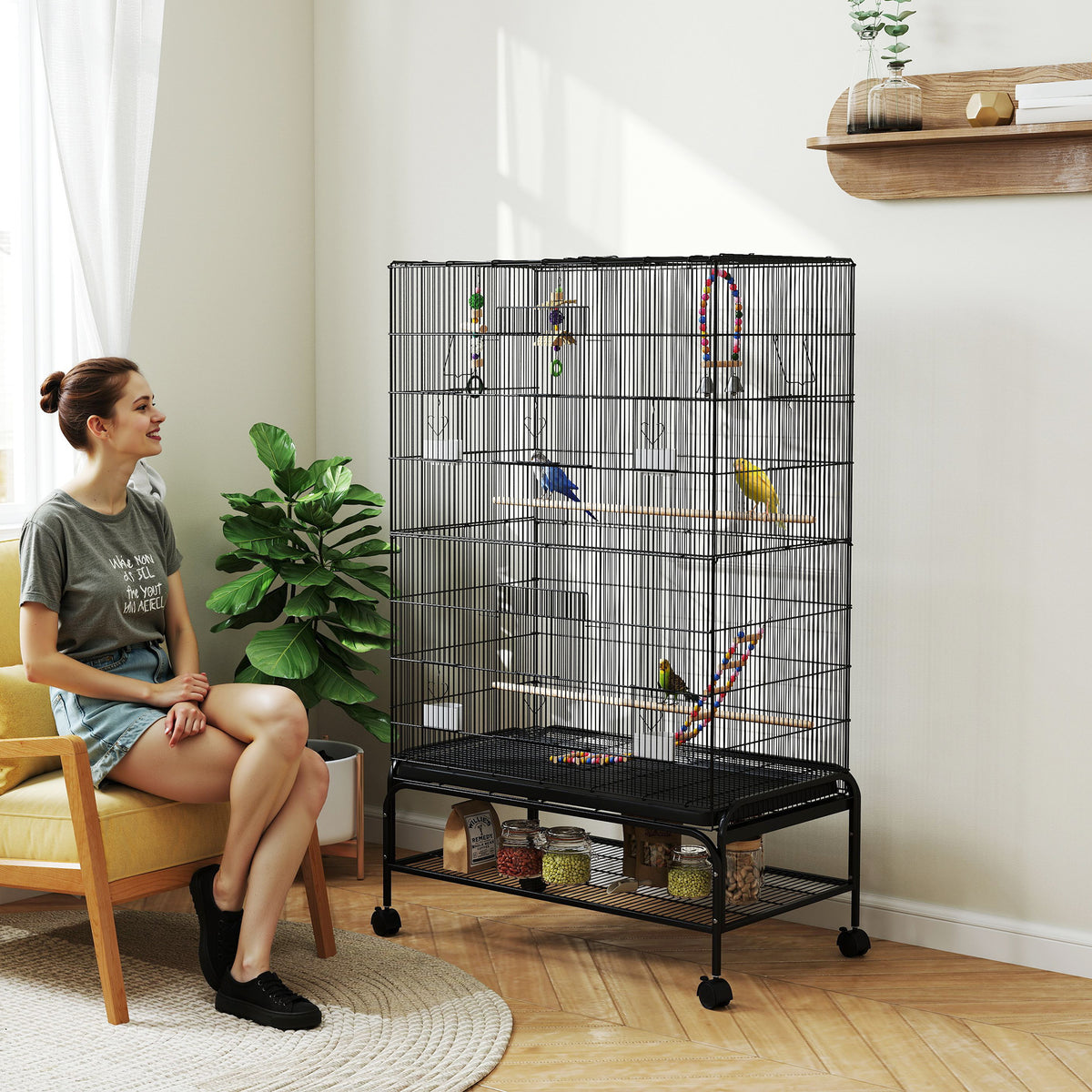 Large bird cage with open top and stand