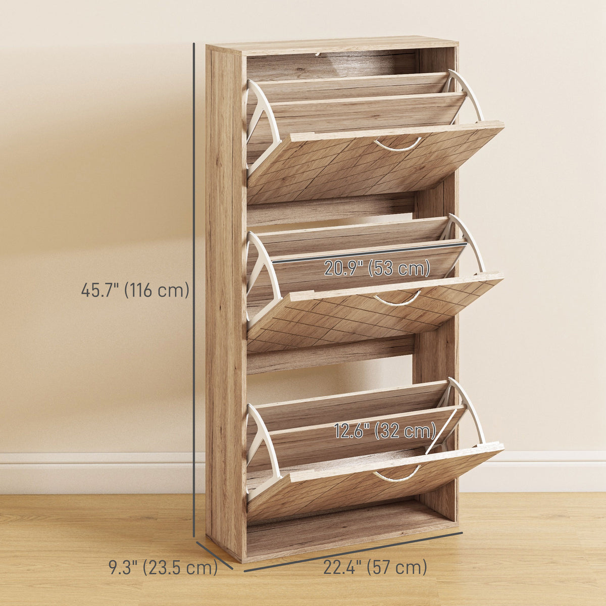 Narrow 3-tier flip drawer shoe storage cabinet