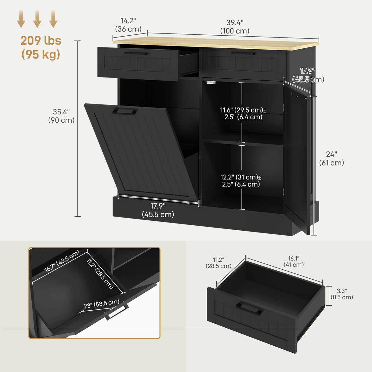 Tilt-out hidden trash can cabinet with drawers