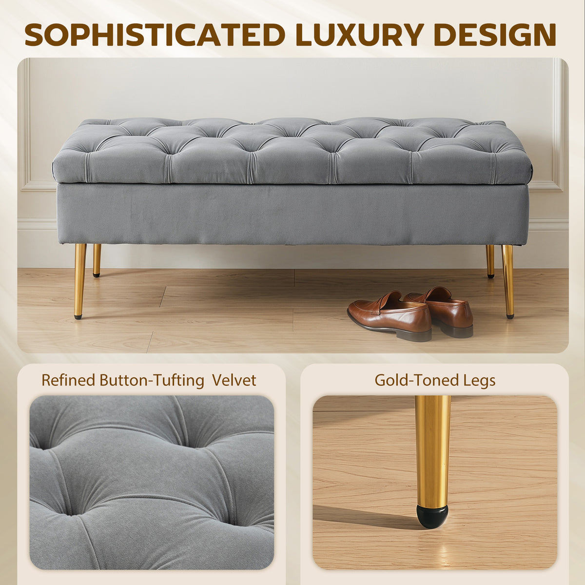 Tufted Velvet Storage Bench with Gold Metal Legs