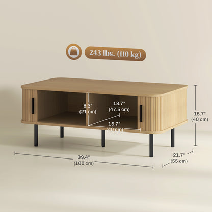 Mesa de centro nórdica con puertas correderas tipo tambor y patas de acero