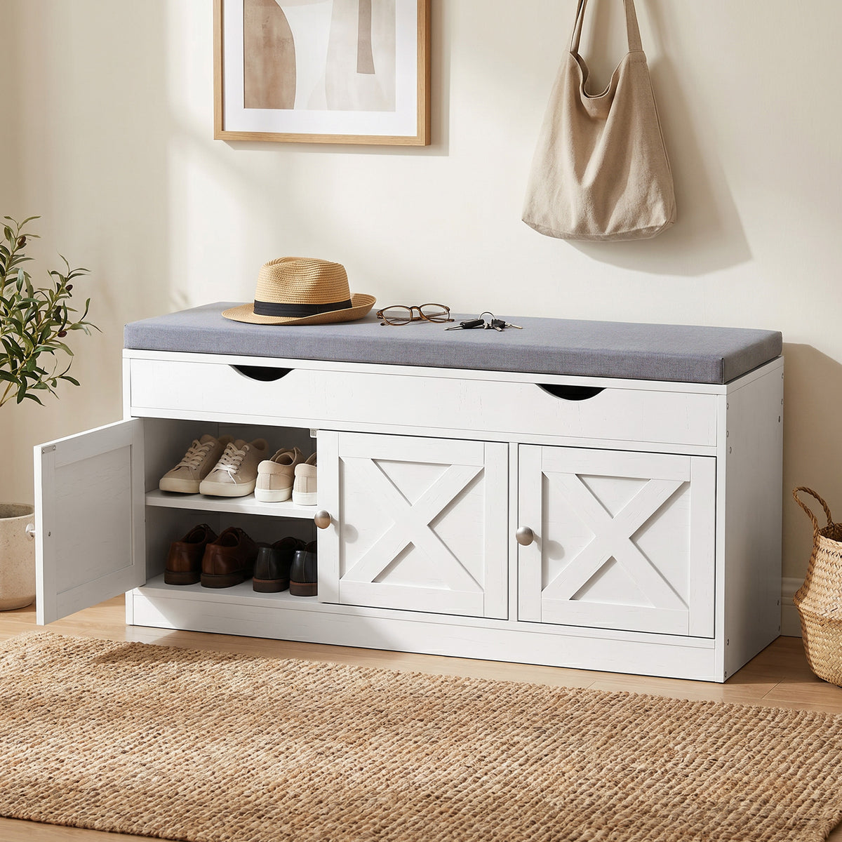 Shoe storage bench with cushion and three doors