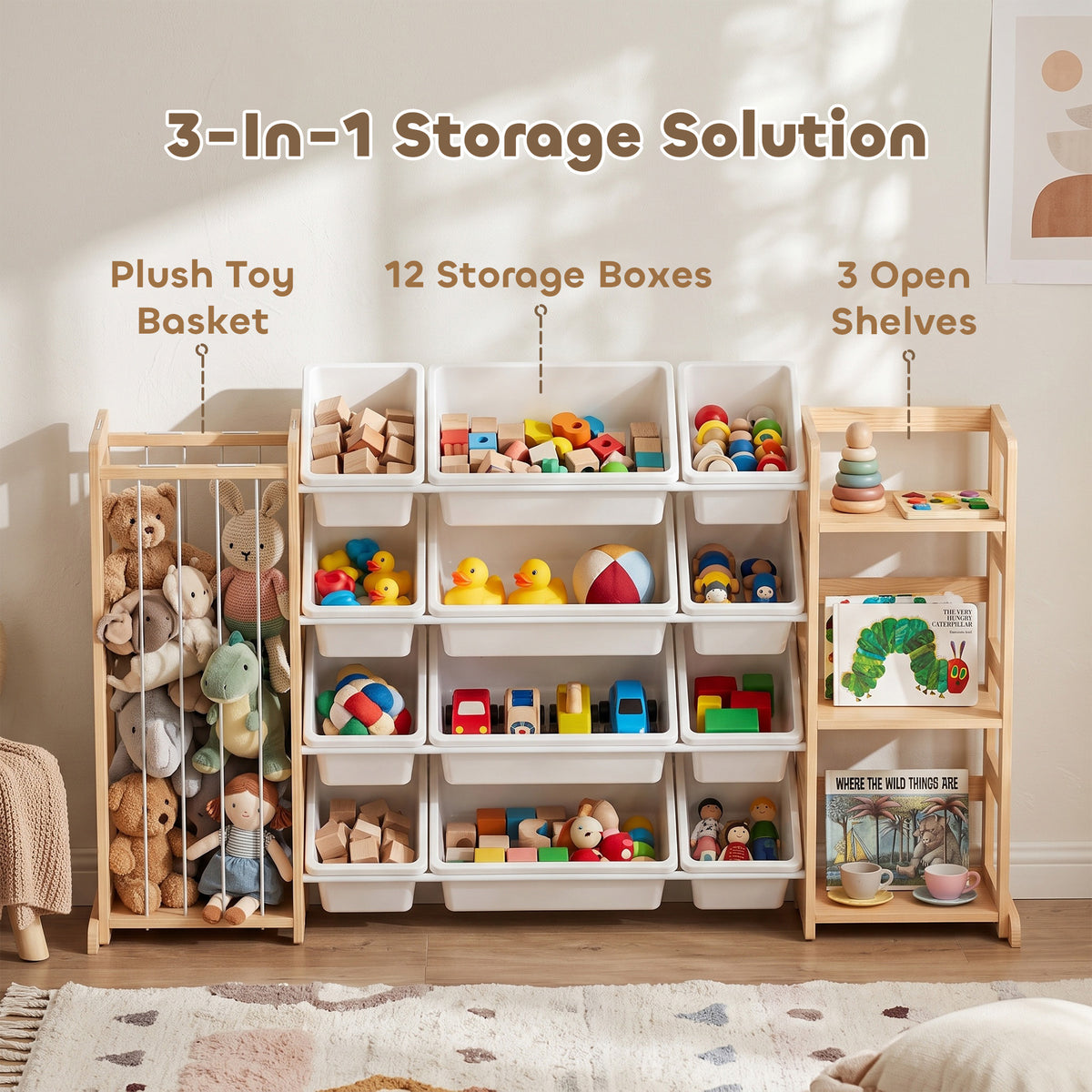 Mueble organizador de juguetes 3 en 1 con contenedores y estantería