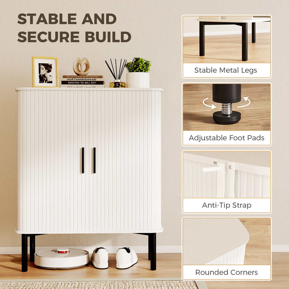 Shoe storage cabinet with tambour doors and adjustable shelves