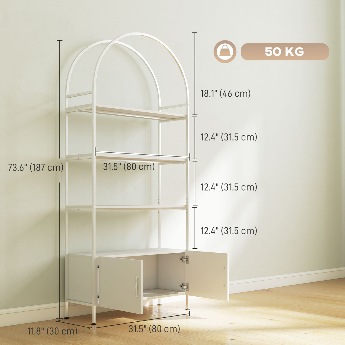 Librería arqueada de 4 niveles con mueble de almacenamiento