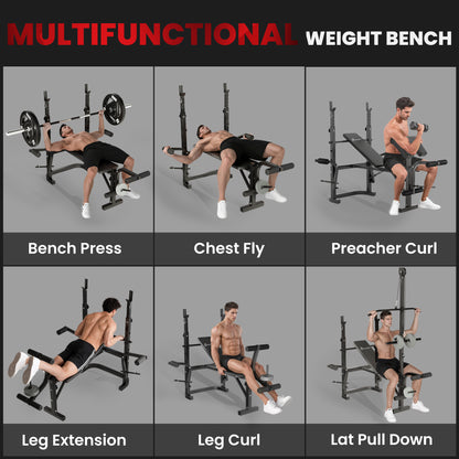 Adjustable all-in-one weight bench with rack