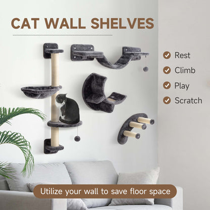 Cat wall climbing shelf set with scratching post — Set of 4