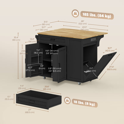 Portable kitchen island cart with charging station and drop leaf