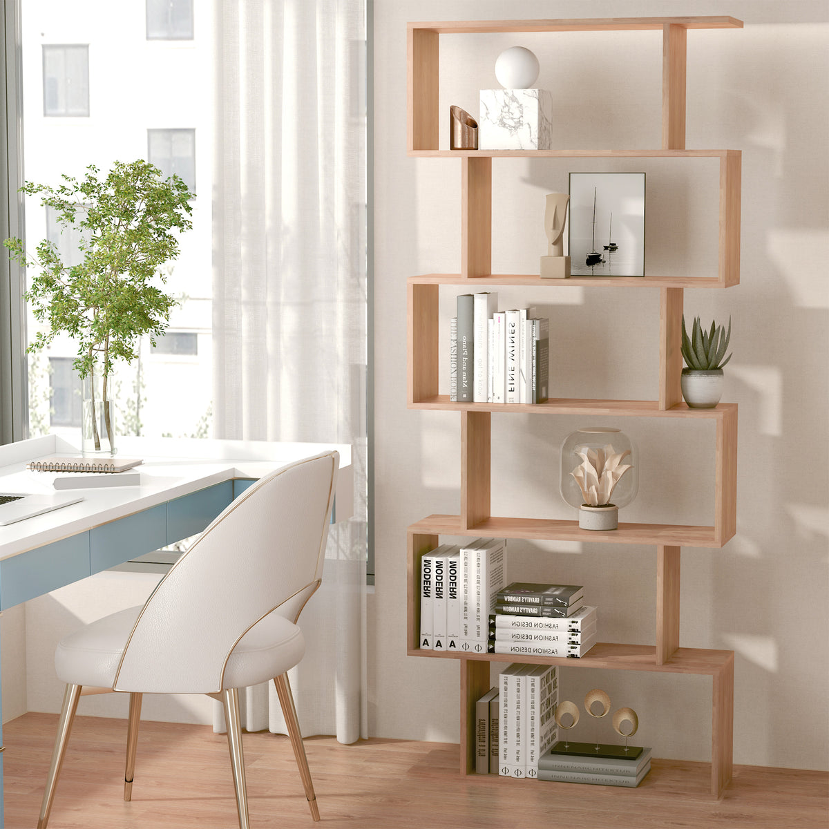 Modern 6-Tier Geometric Wooden Bookshelf