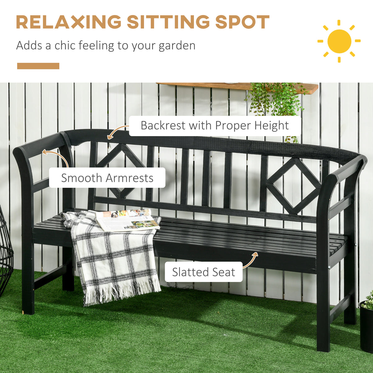 Wooden Garden Bench 3-Person — Diamond Pattern