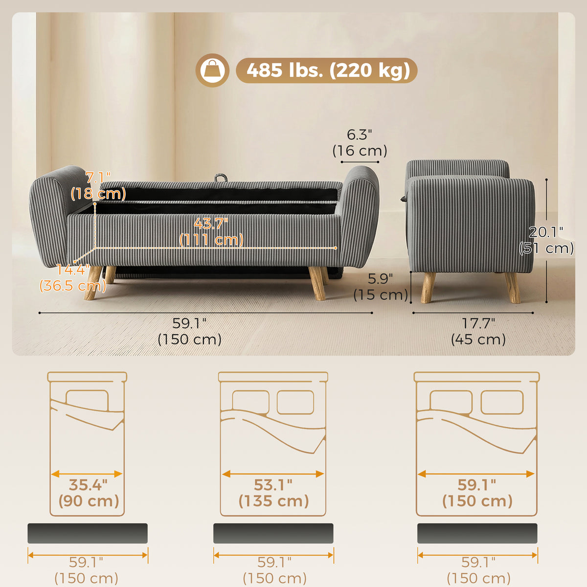 Corduroy Storage Ottoman Bench with Rolled Arms