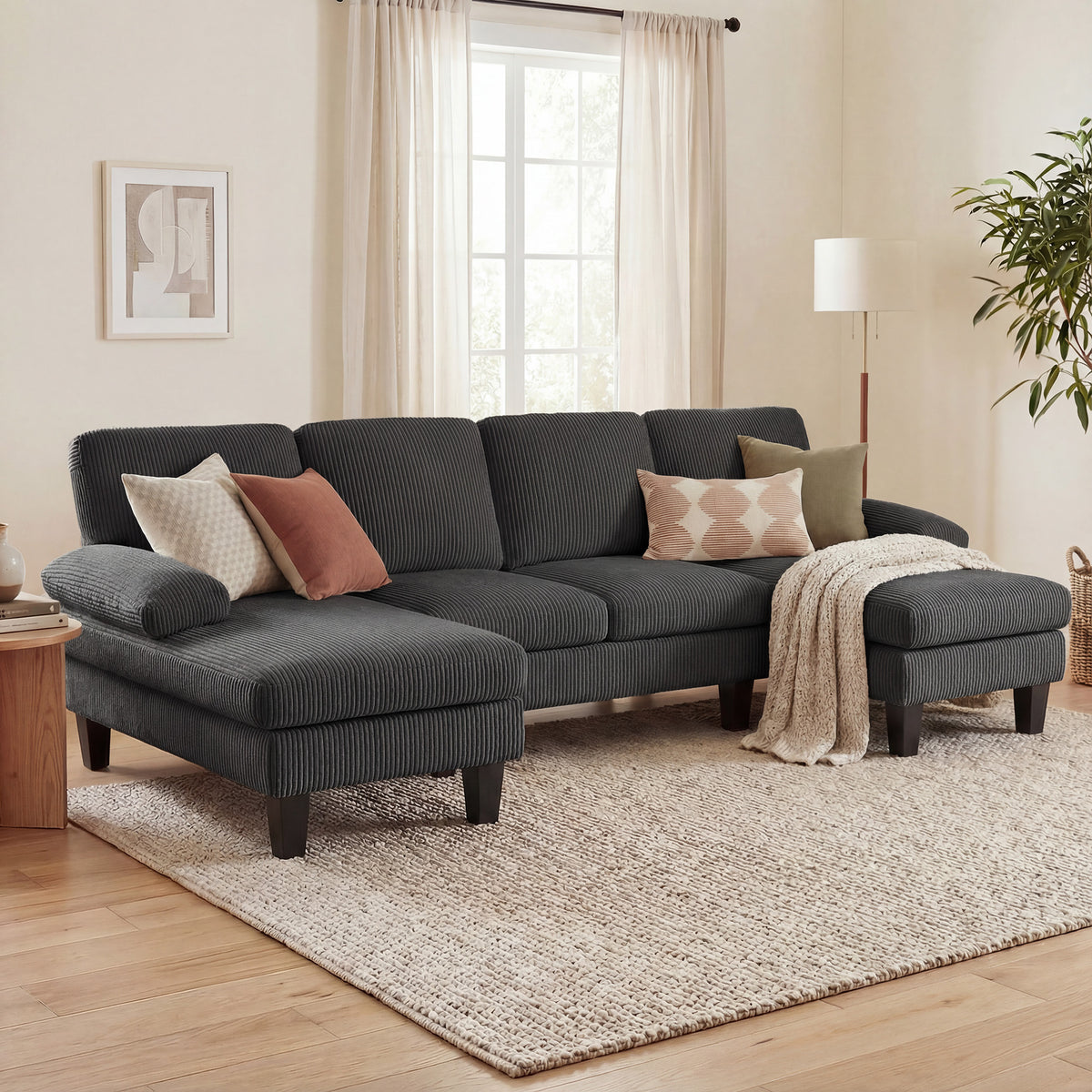 Sofá seccional en U con doble sillón de terciopelo de pana