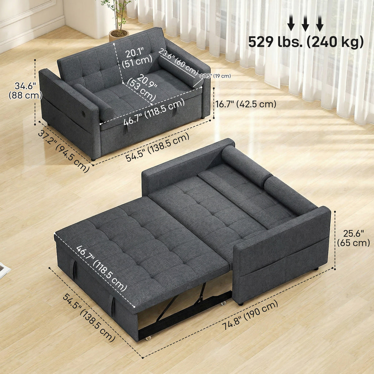 Convertible sofa bed with USB ports and adjustable backrest