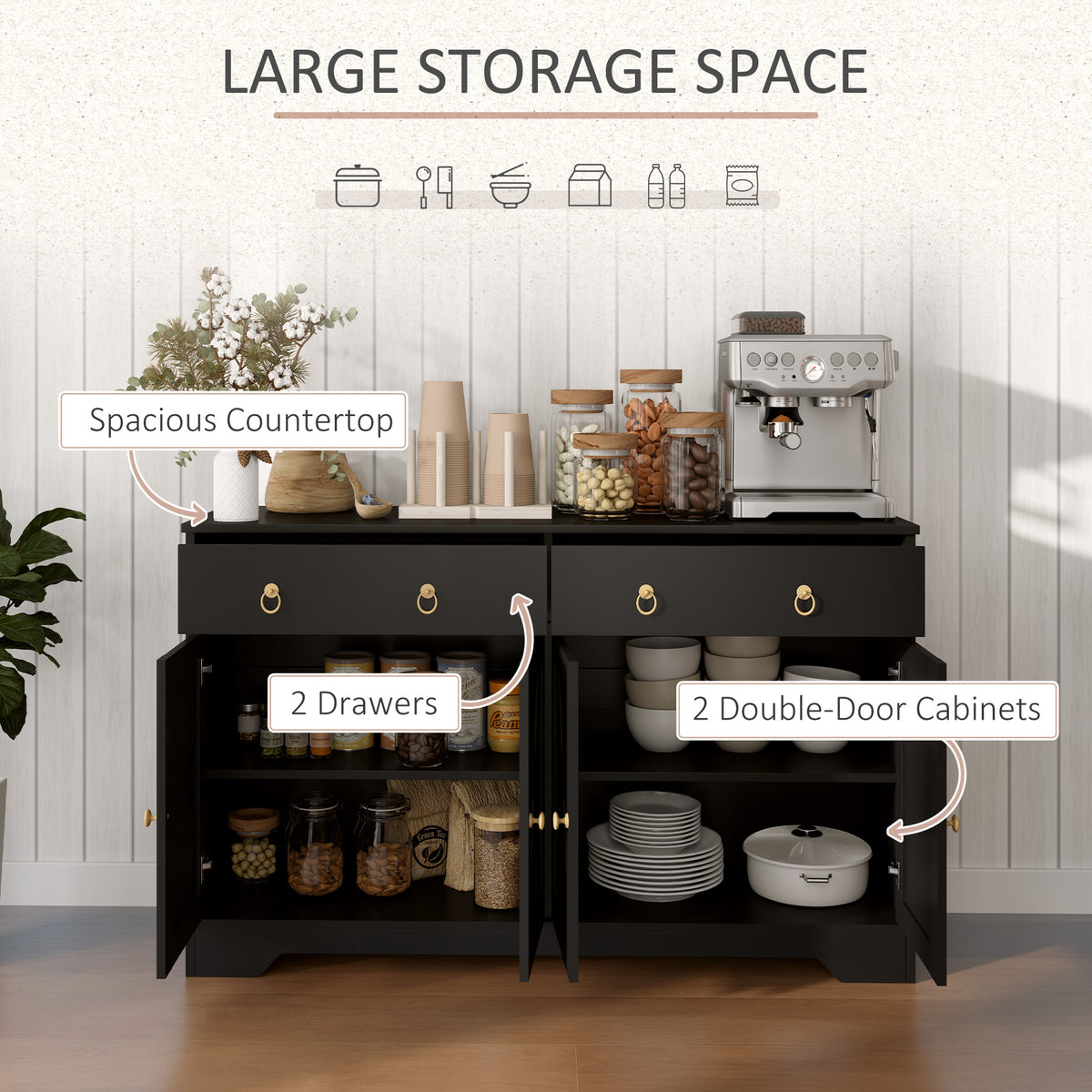 Aparador de cocina 4 puertas barniz 2 cajones madera