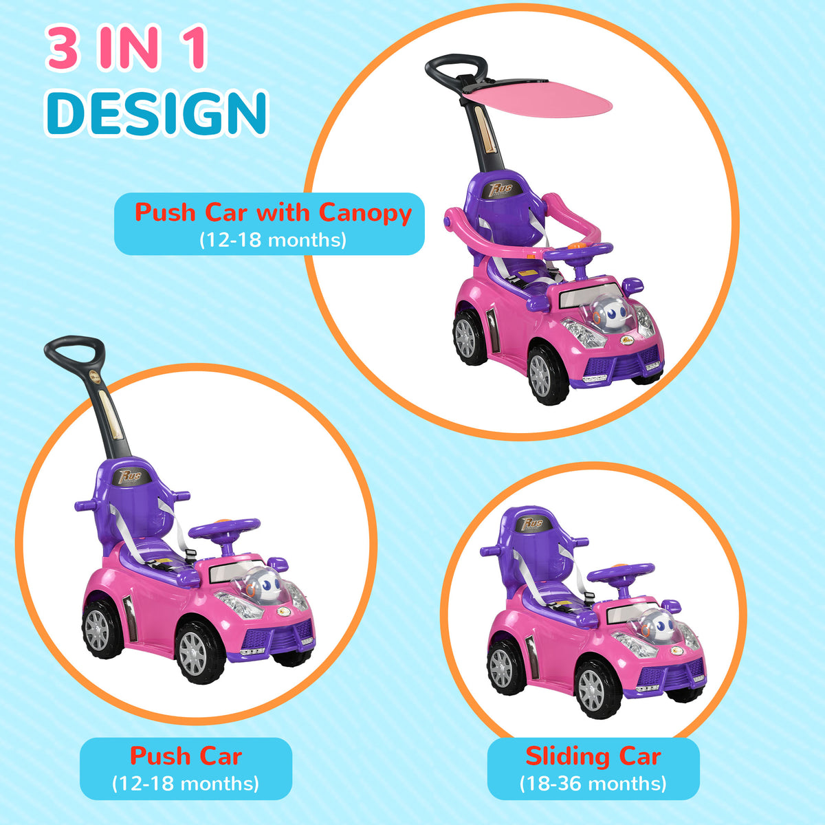3 in 1 Kids Push Car Ride On