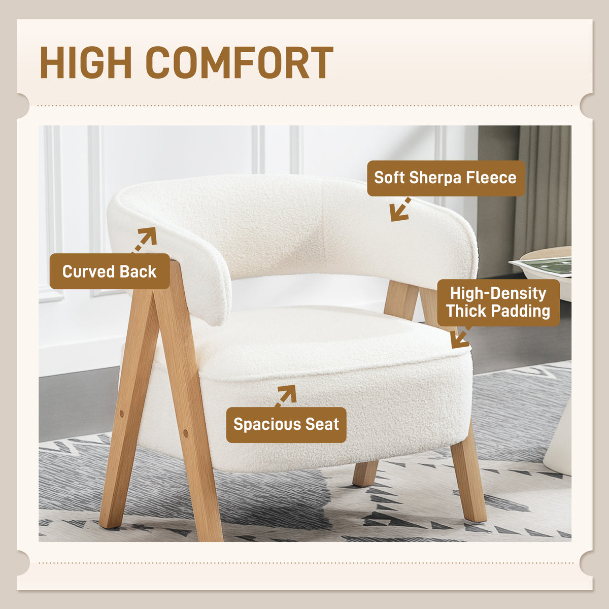 Sillón decorativo de forro sherpa con patas de madera nórdicas