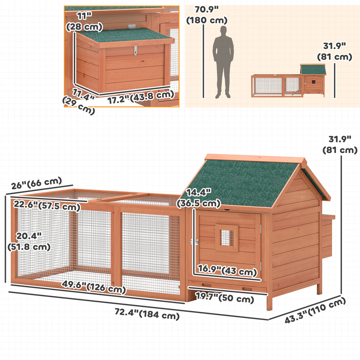 Wooden Chicken Coop with Run and Nesting Box 184 x 101 x 81 cm