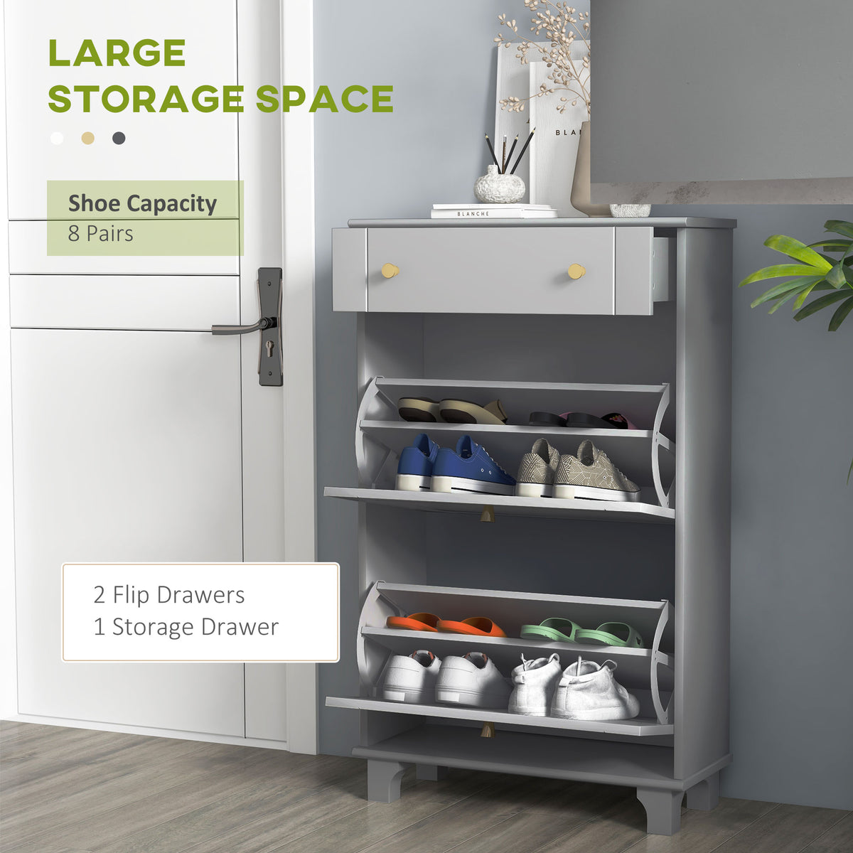Slim Shoe Cabinet 2 Flip Drawers Adjustable Shelves 8 Pairs