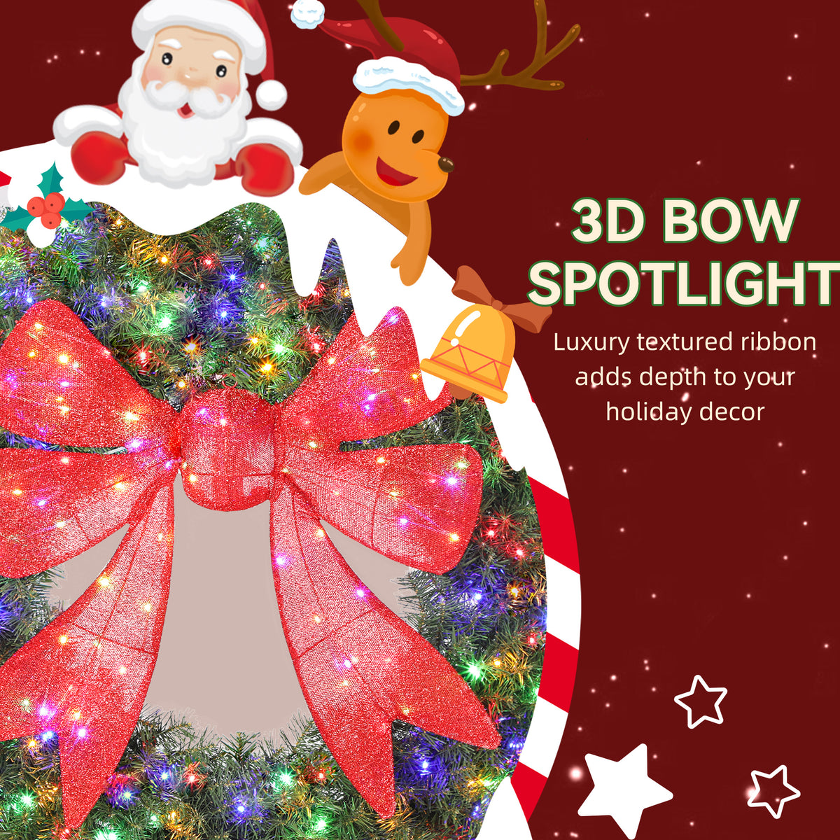 Pre-Lit Christmas Wreath 3D Bow 91 cm